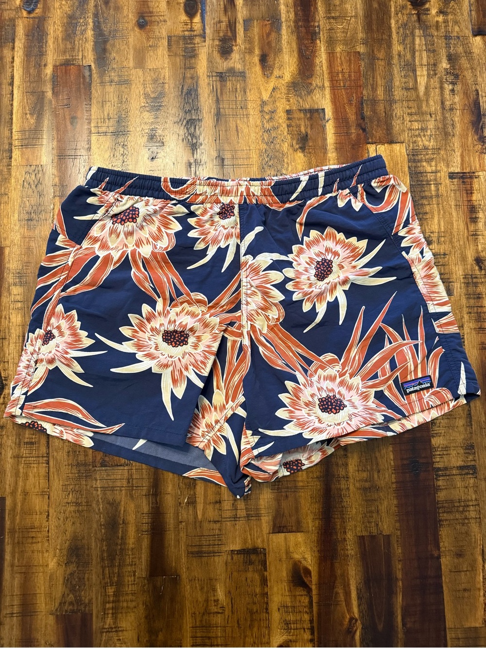 🍒Patagonia Worn Wear Shorts. Women's Sz M drawstring tropical print blue orange